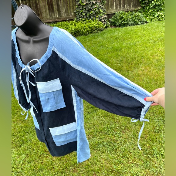 March 11 Eleven women’s 100% linen dress‎ LARGE patchwork blue peasant lagenlook - Picture 4 of 16